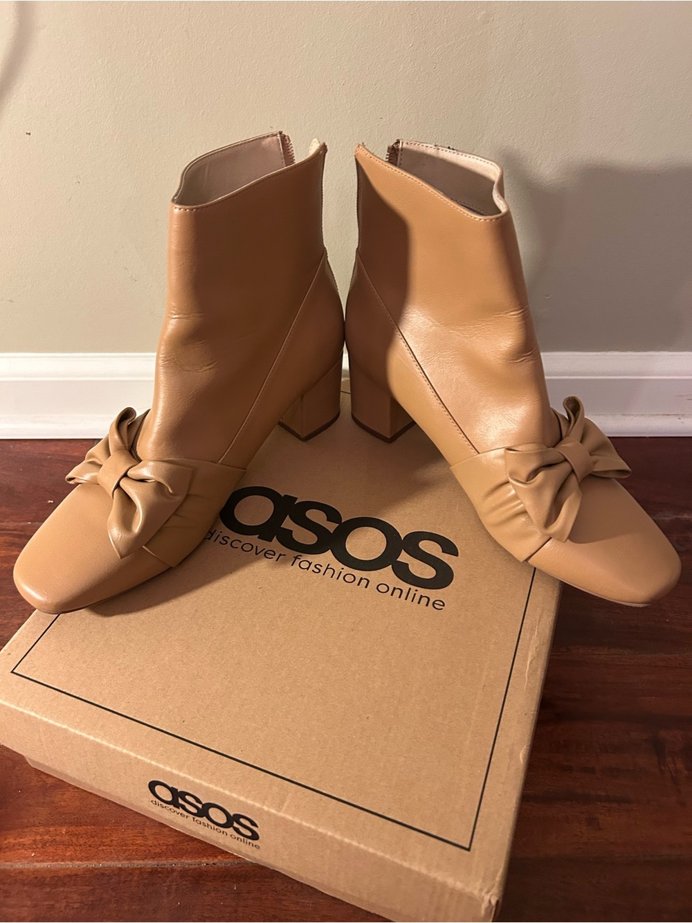 ASOS Cognac Leather Bow Ankle Boots